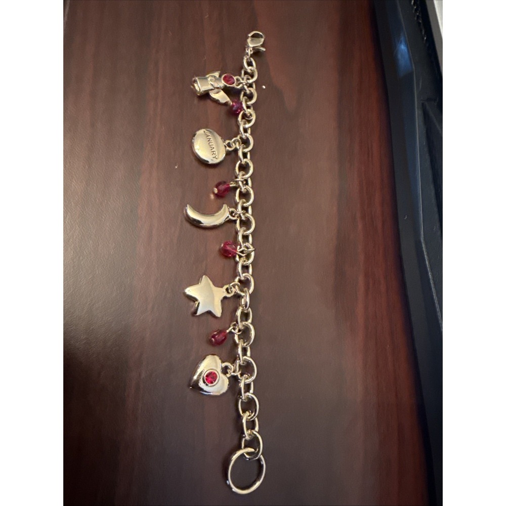 January Birthstone Charm Bracelet Silver Tone Red Beads Star Moon Heart 7 Inch
